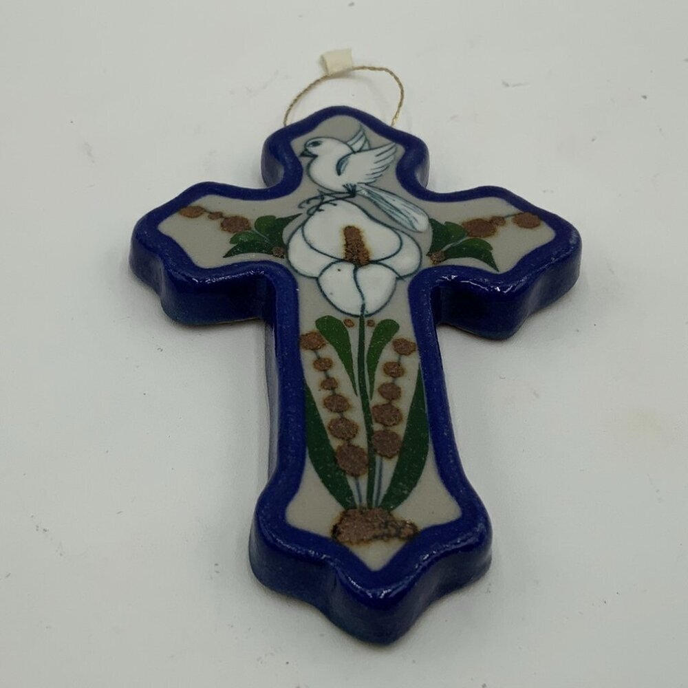Vintage Tonala Mexican Pottery CROSS Ornament with Hand Painted Dove and Lily